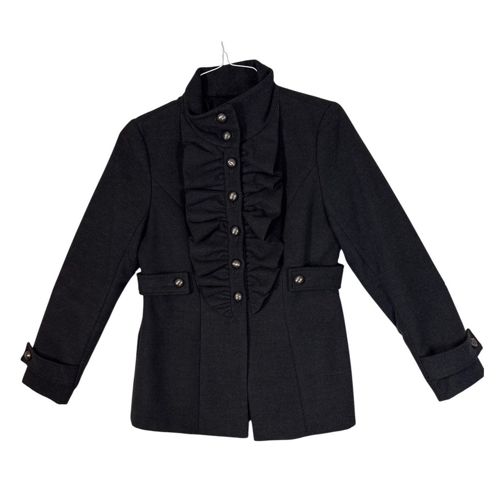 mac & jac Black Ruffle Front Military Style Jacket Stand Collar Size M